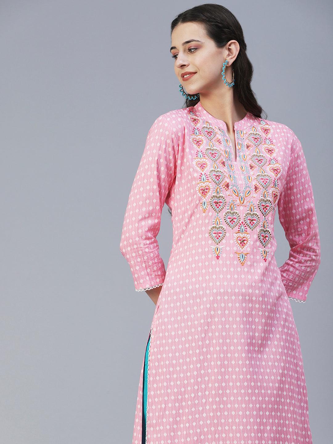 Ethnic Printed & Embroidered Straight Fit Kurta - Pink - Indiakreations