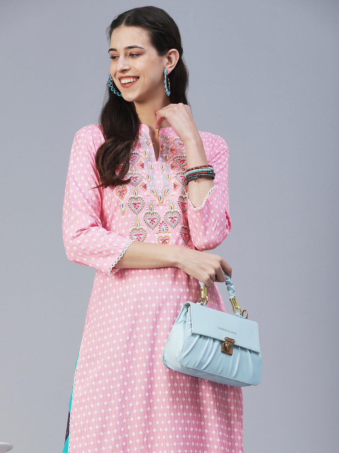 Ethnic Printed & Embroidered Straight Fit Kurta - Pink - Indiakreations