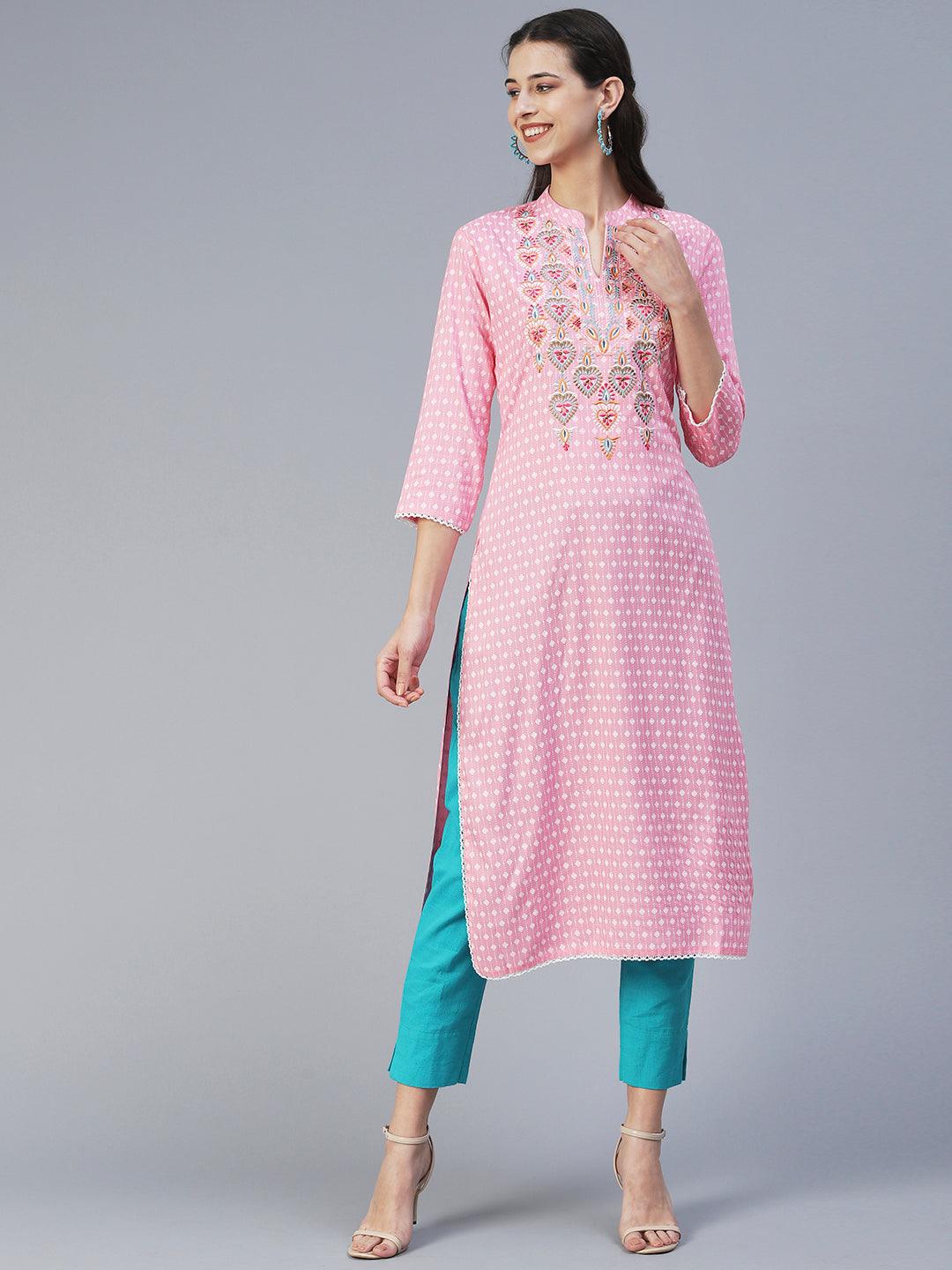 Ethnic Printed & Embroidered Straight Fit Kurta - Pink - Indiakreations