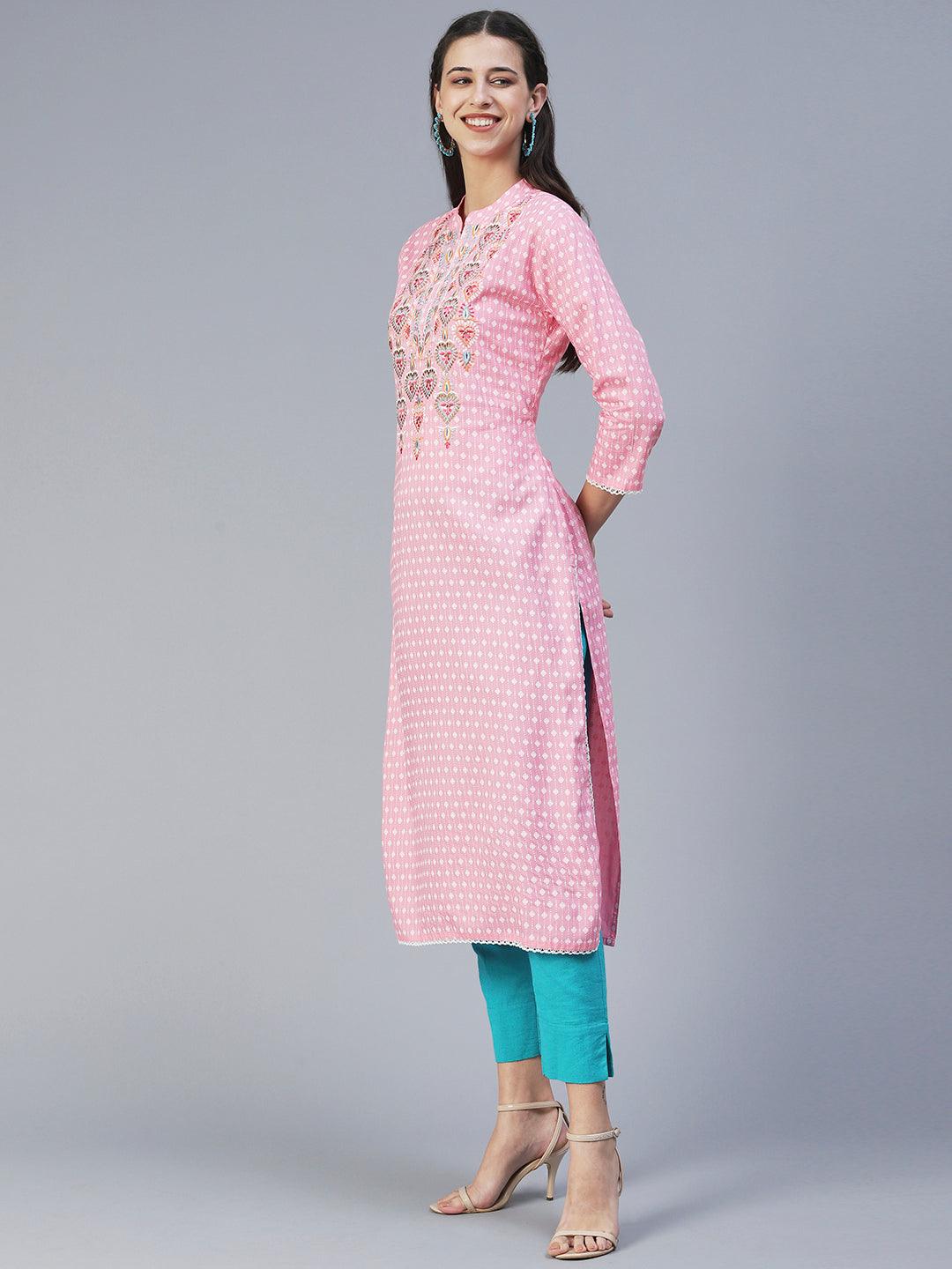 Ethnic Printed & Embroidered Straight Fit Kurta - Pink - Indiakreations