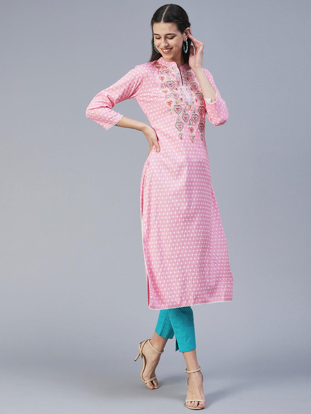 Ethnic Printed & Embroidered Straight Fit Kurta - Pink - Indiakreations