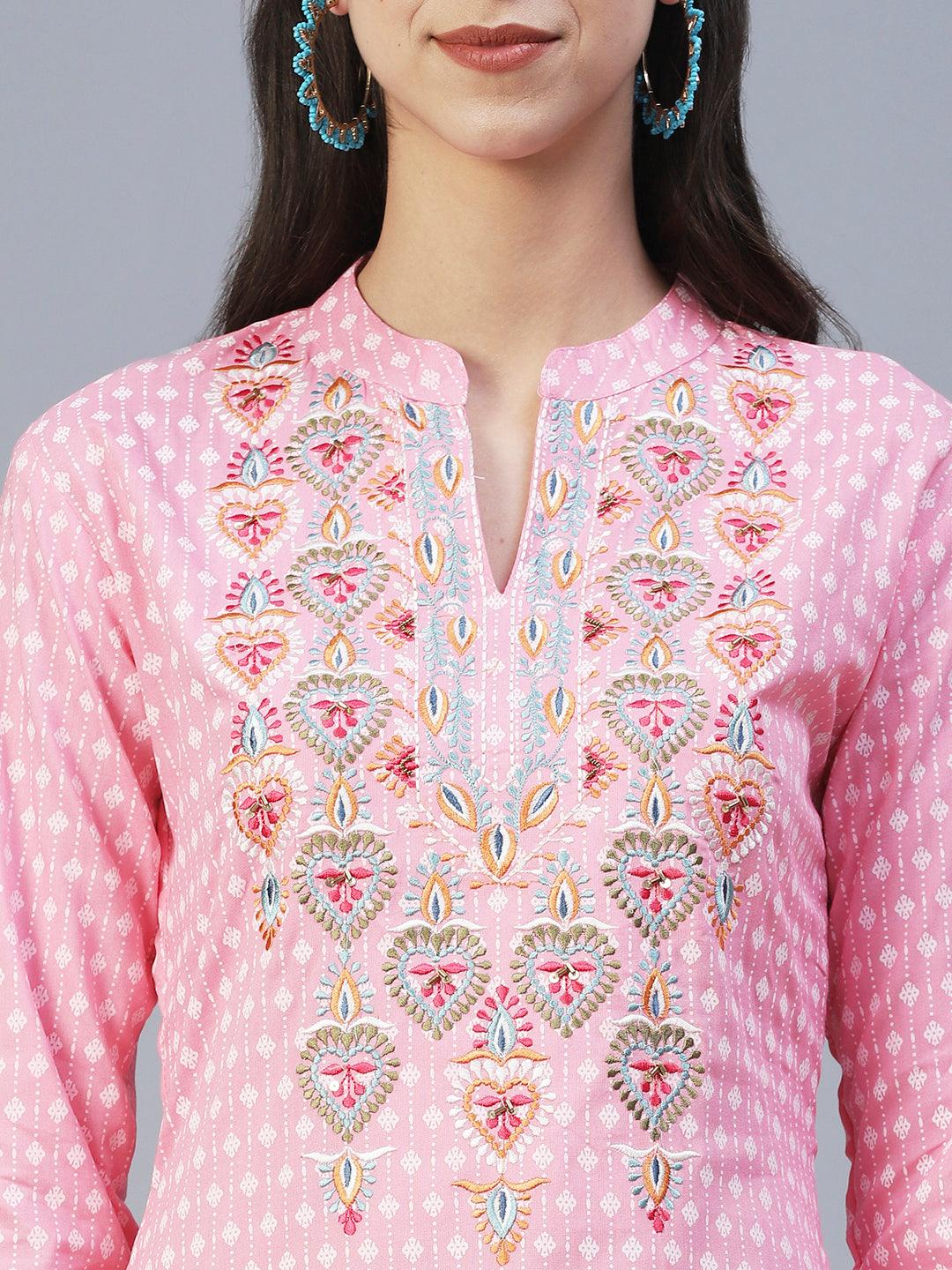 Ethnic Printed & Embroidered Straight Fit Kurta - Pink - Indiakreations