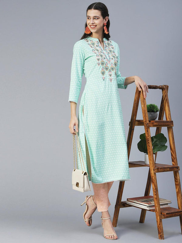 Ethnic Printed & Embroidered Straight Fit Kurta - Turquoise Blue - Indiakreations