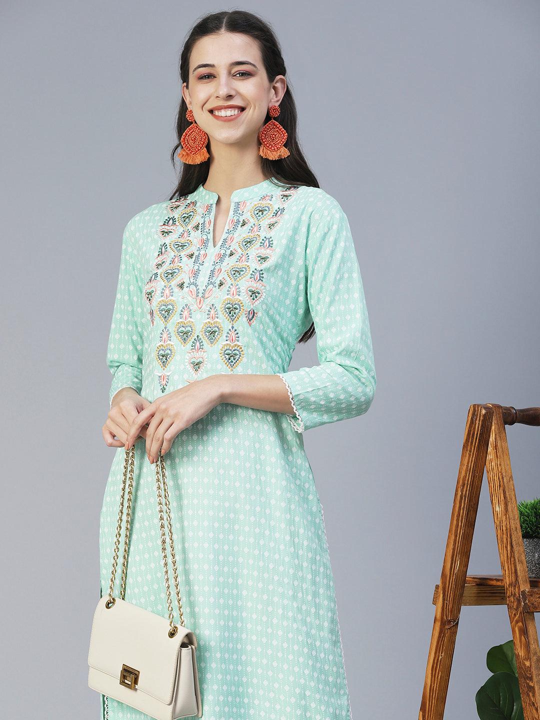 Ethnic Printed & Embroidered Straight Fit Kurta - Turquoise Blue - Indiakreations