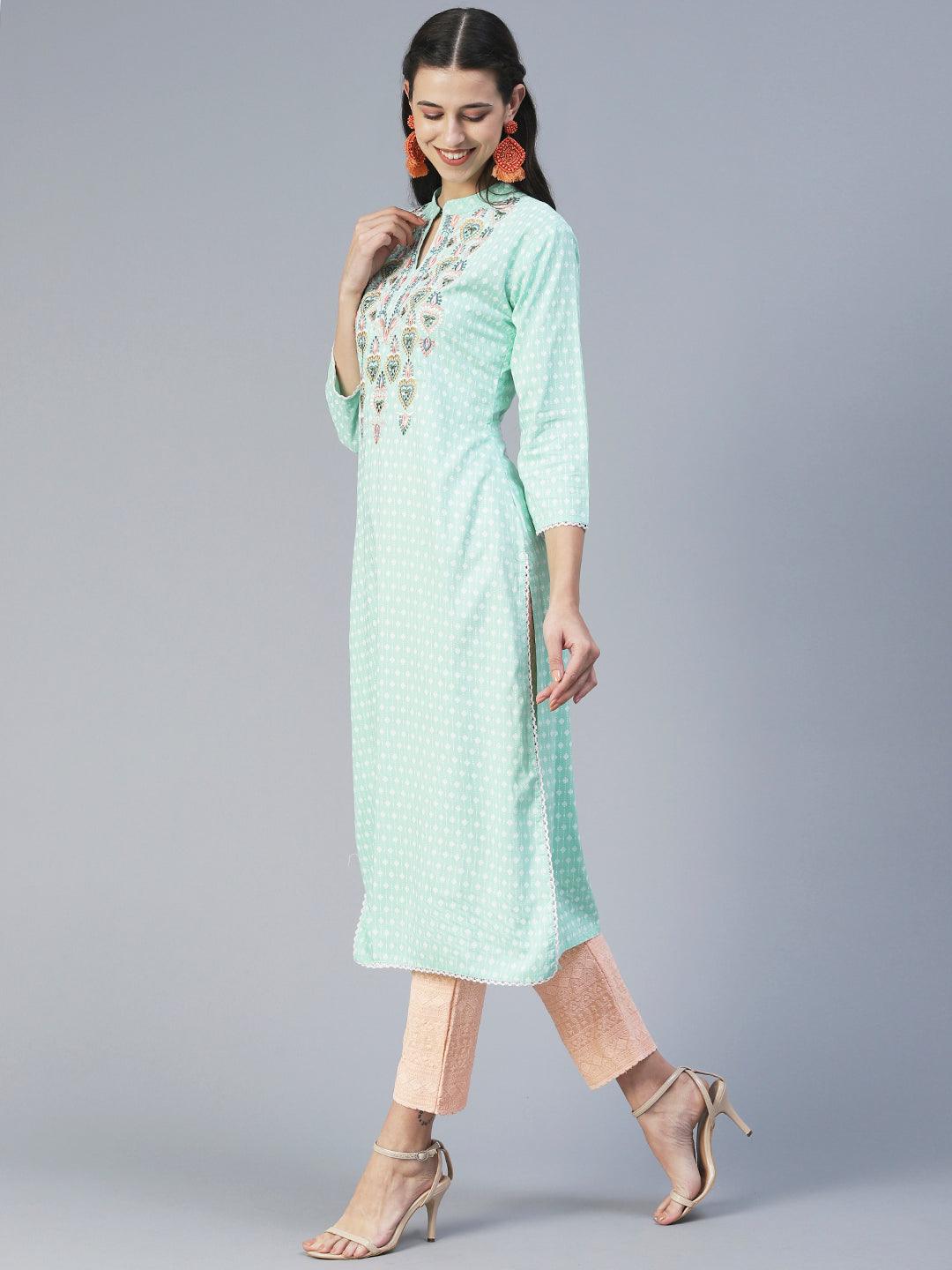 Ethnic Printed & Embroidered Straight Fit Kurta - Turquoise Blue - Indiakreations