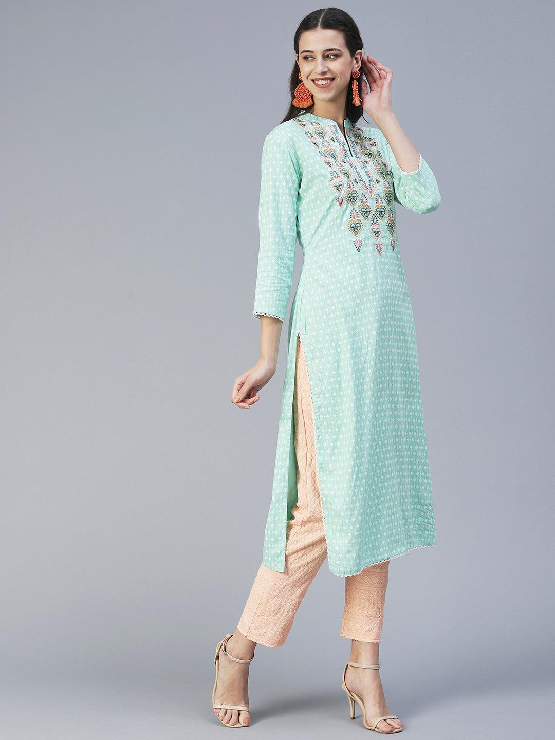 Ethnic Printed & Embroidered Straight Fit Kurta - Turquoise Blue - Indiakreations