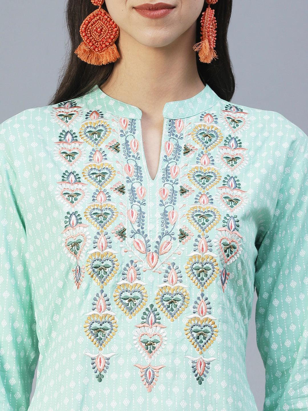 Ethnic Printed & Embroidered Straight Fit Kurta - Turquoise Blue - Indiakreations