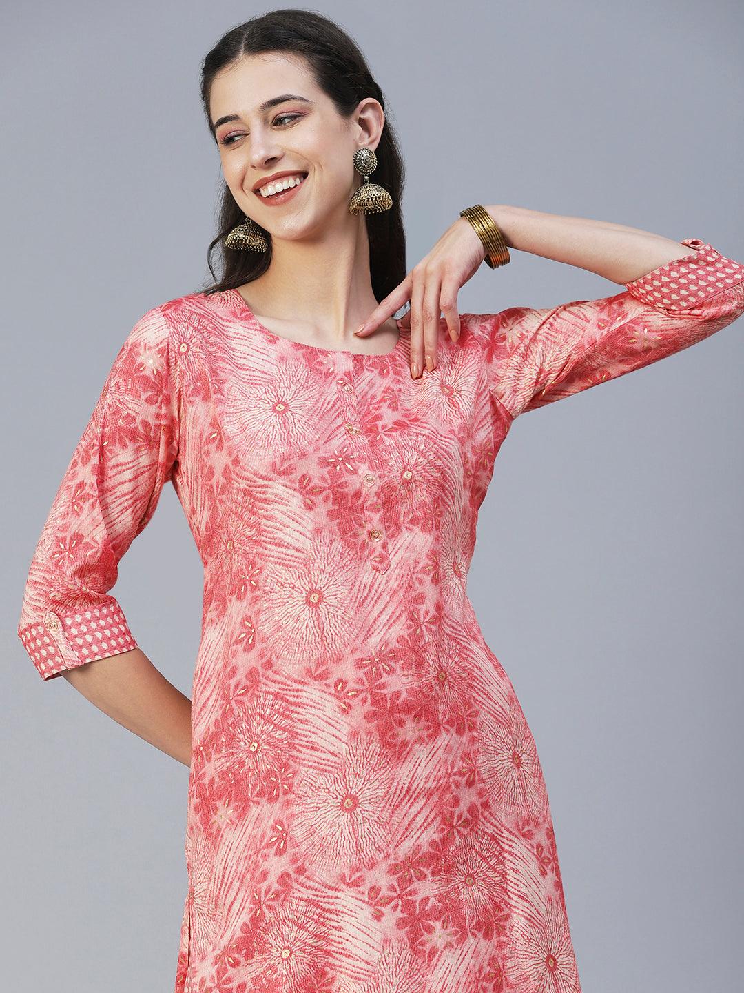 Floral Printed Straight Fit Kurta with Pant - Coral - Indiakreations