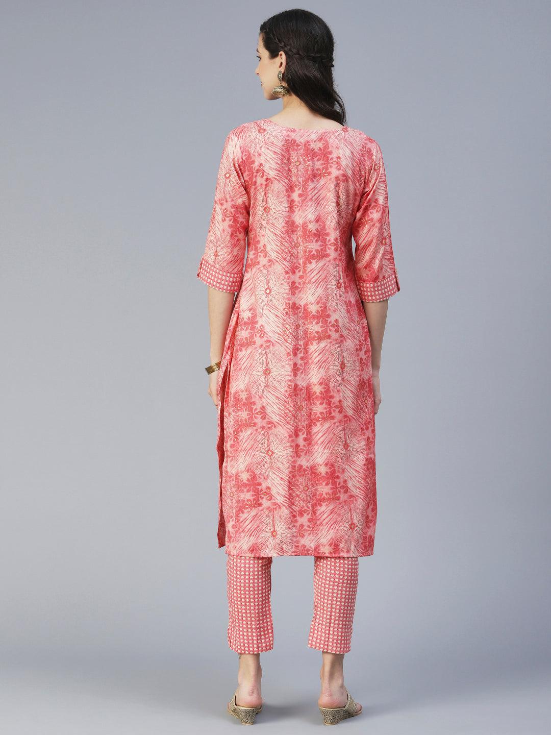 Floral Printed Straight Fit Kurta with Pant - Coral - Indiakreations