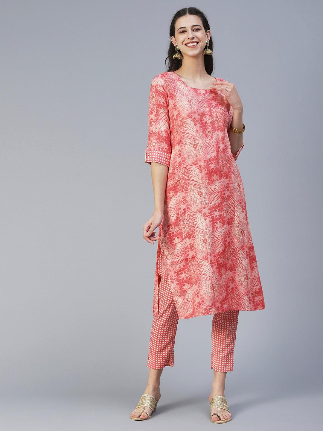 Floral Printed Straight Fit Kurta with Pant - Coral - Indiakreations