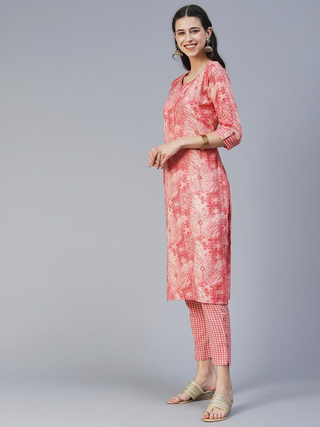 Floral Printed Straight Fit Kurta with Pant - Coral - Indiakreations