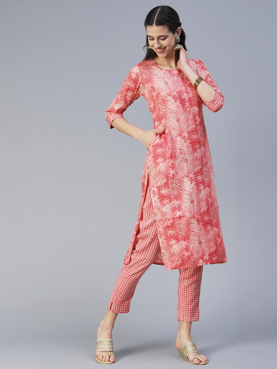 Floral Printed Straight Fit Kurta with Pant - Coral - Indiakreations