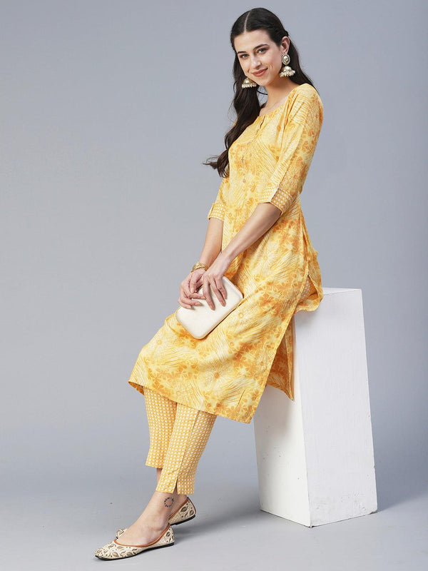 Floral Printed Straight Fit Kurta with Pant - Yellow - Indiakreations