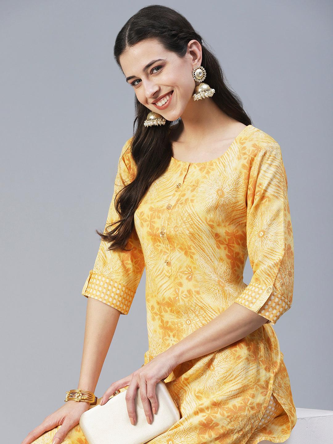 Floral Printed Straight Fit Kurta with Pant - Yellow - Indiakreations