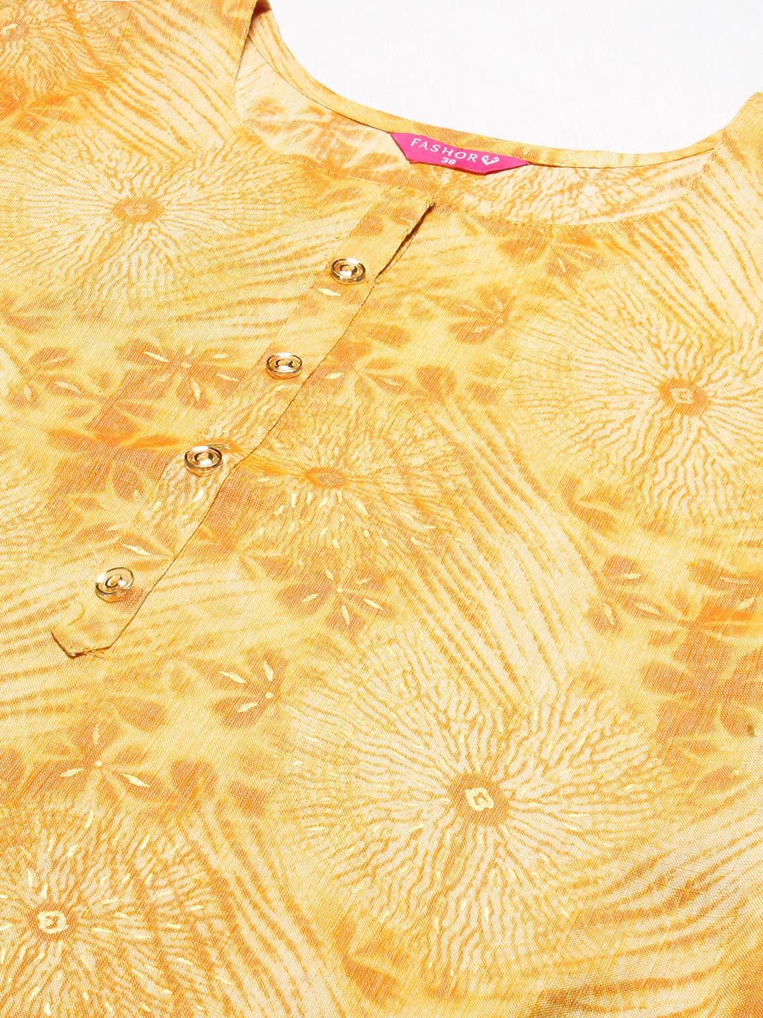 Floral Printed Straight Fit Kurta with Pant - Yellow - Indiakreations