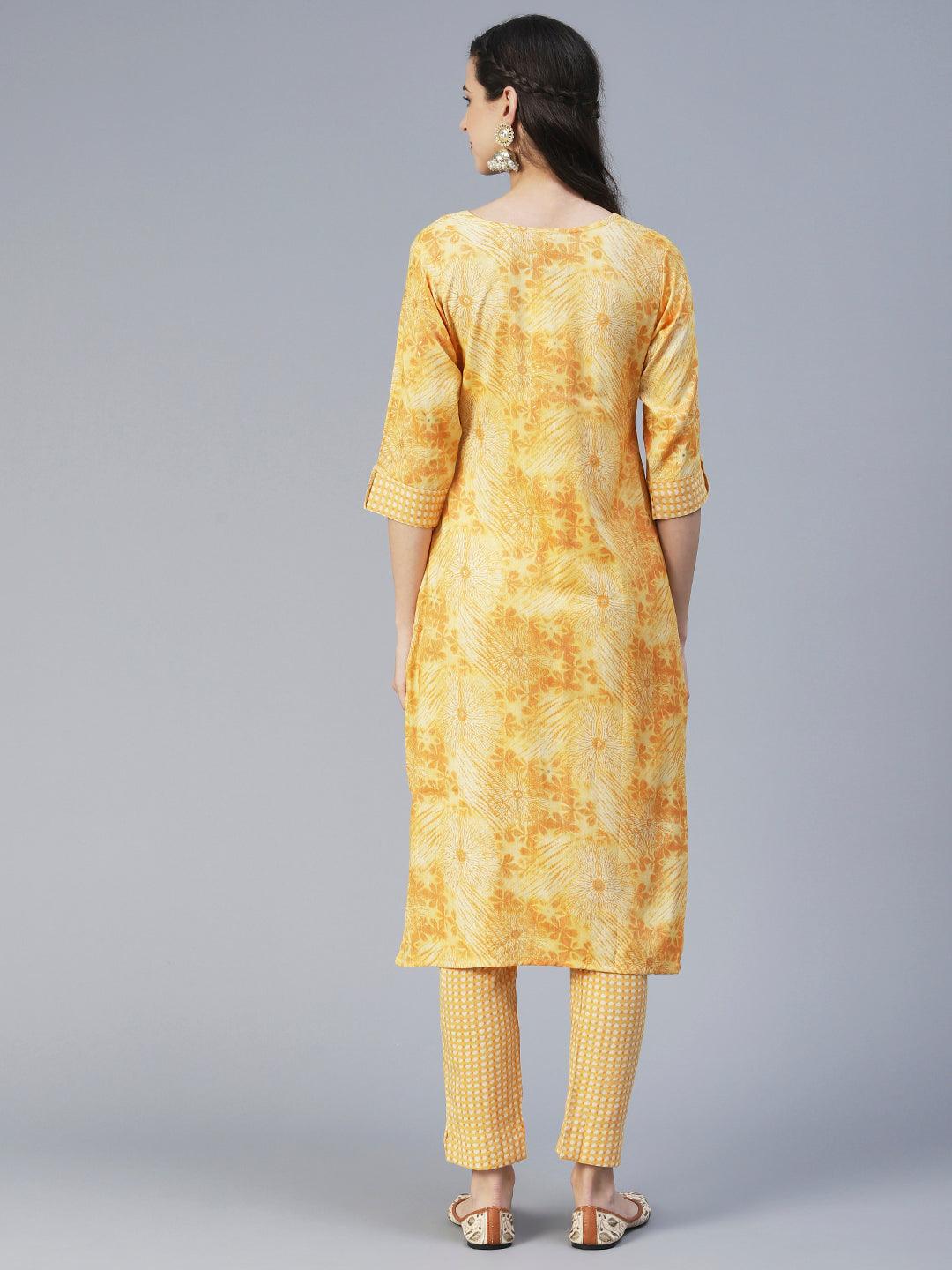 Floral Printed Straight Fit Kurta with Pant - Yellow - Indiakreations