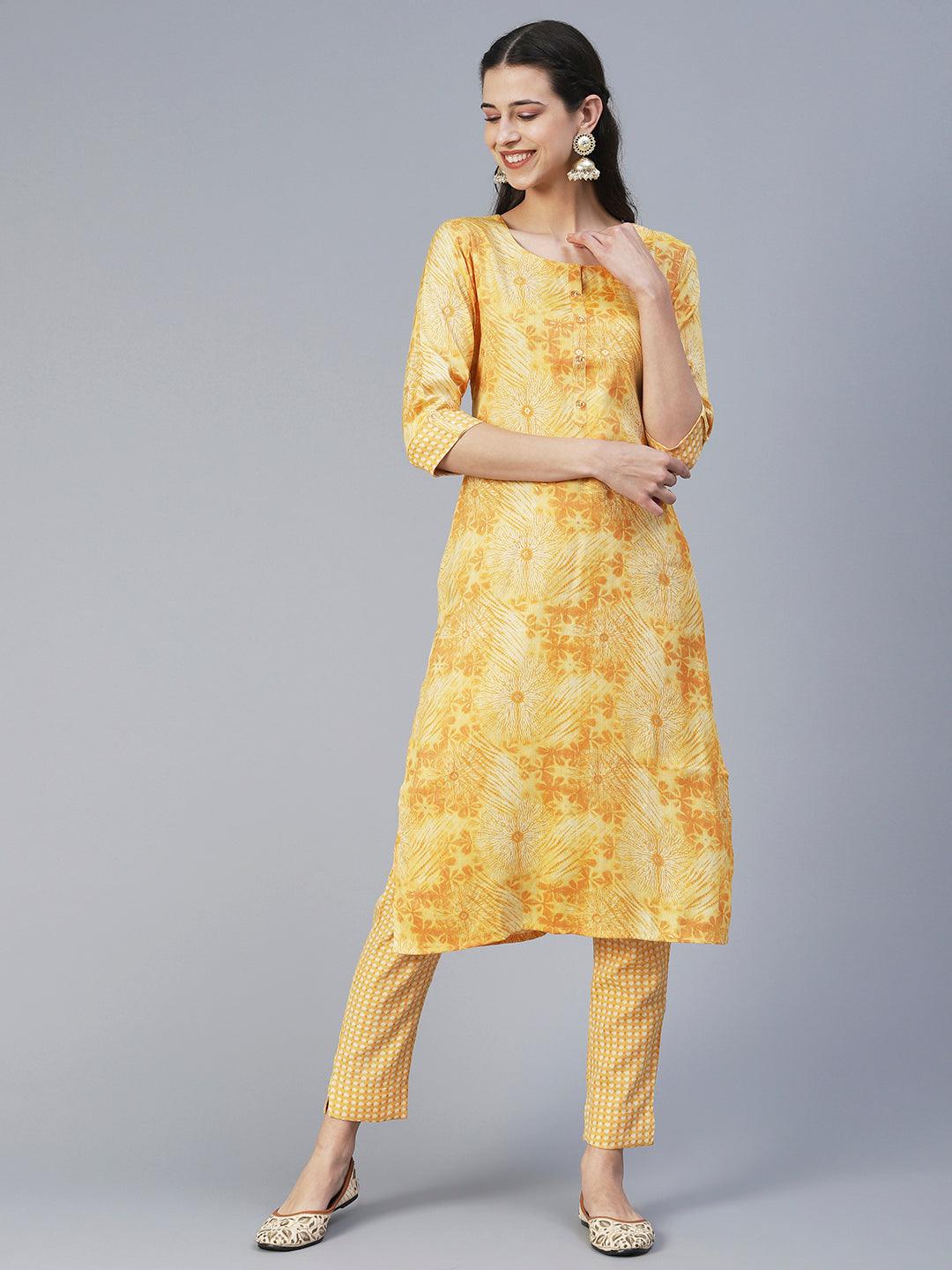 Floral Printed Straight Fit Kurta with Pant - Yellow - Indiakreations