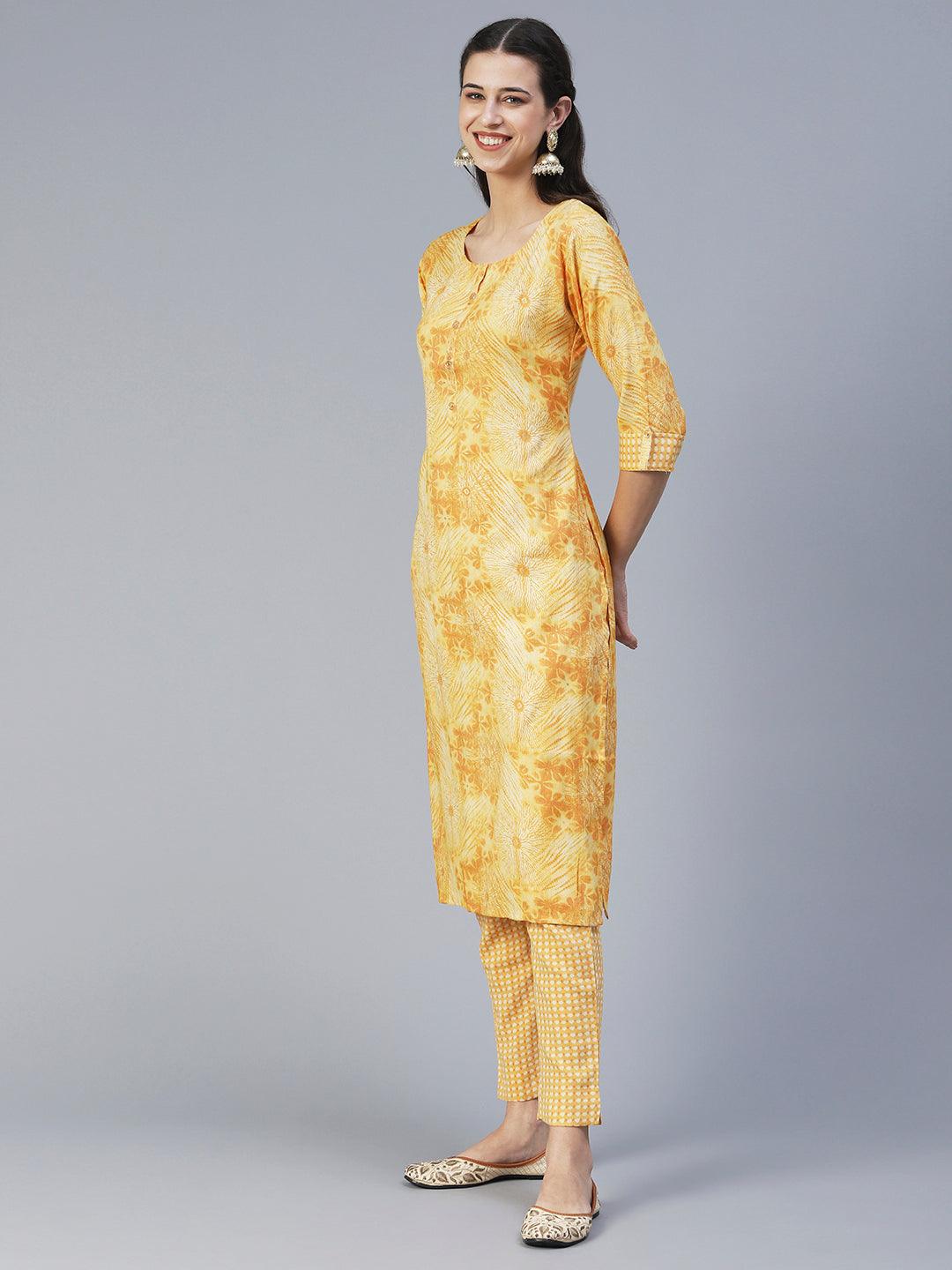 Floral Printed Straight Fit Kurta with Pant - Yellow - Indiakreations