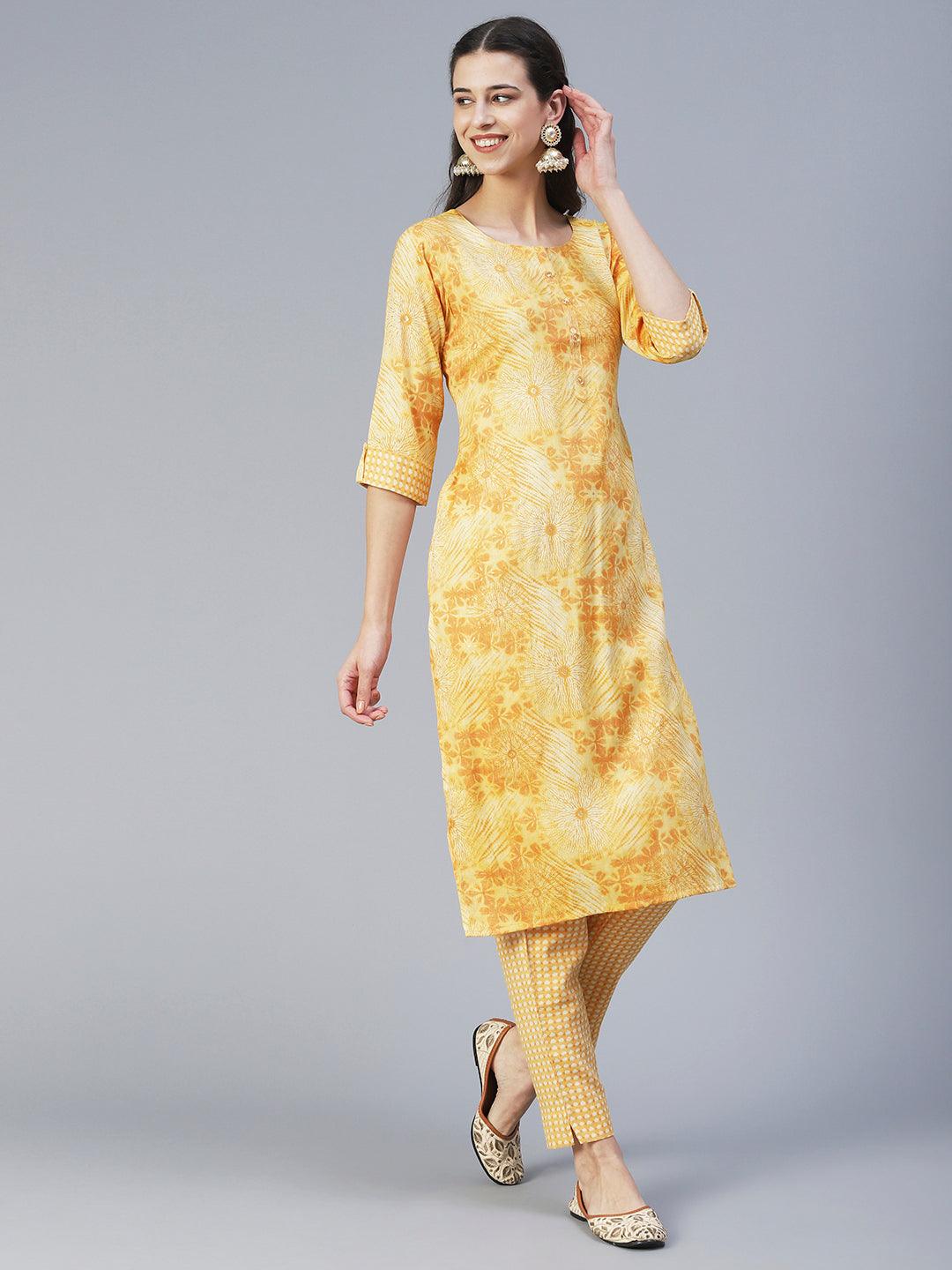 Floral Printed Straight Fit Kurta with Pant - Yellow - Indiakreations