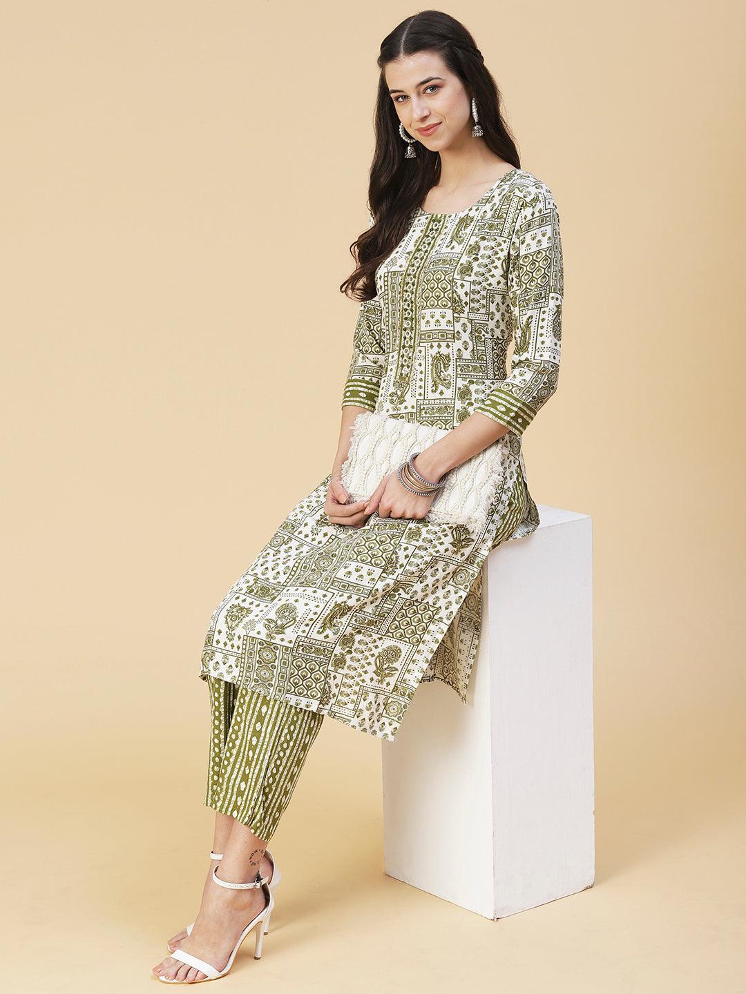 Ethnic Printed & Hand Embroidered Straight Kurta with Pant - Green - Indiakreations