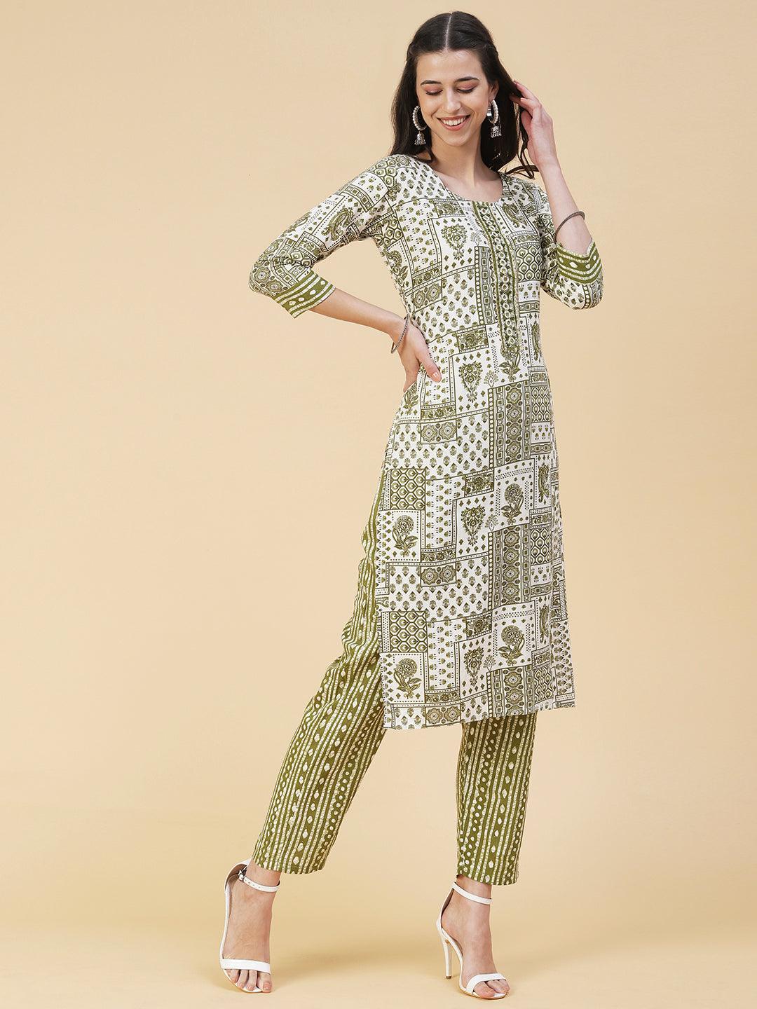 Ethnic Printed & Hand Embroidered Straight Kurta with Pant - Green - Indiakreations