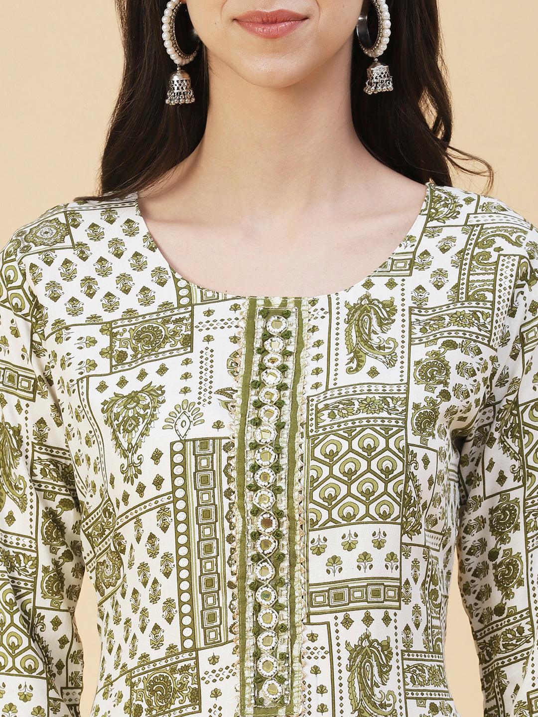 Ethnic Printed & Hand Embroidered Straight Kurta with Pant - Green - Indiakreations