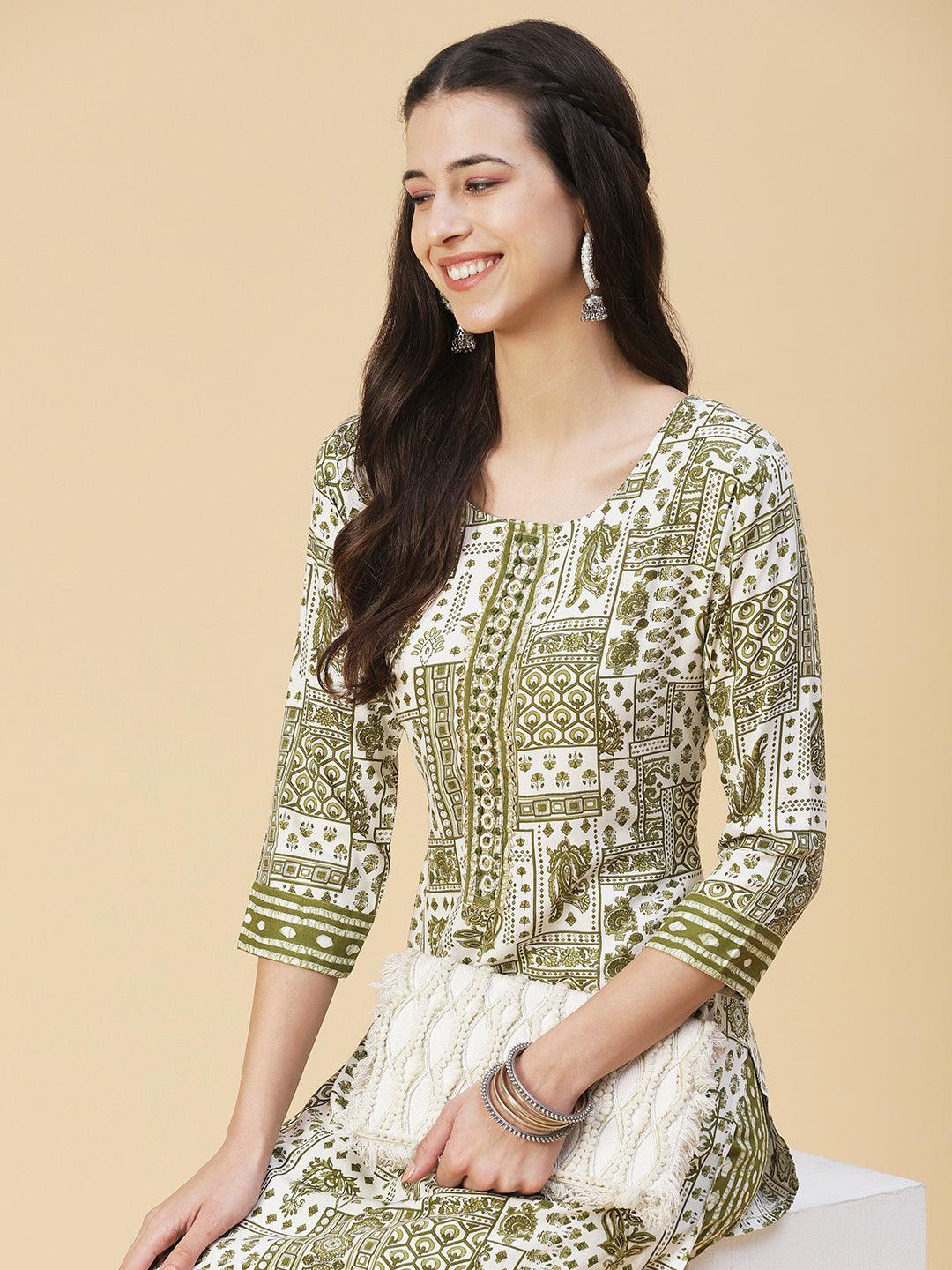 Ethnic Printed & Hand Embroidered Straight Kurta with Pant - Green - Indiakreations