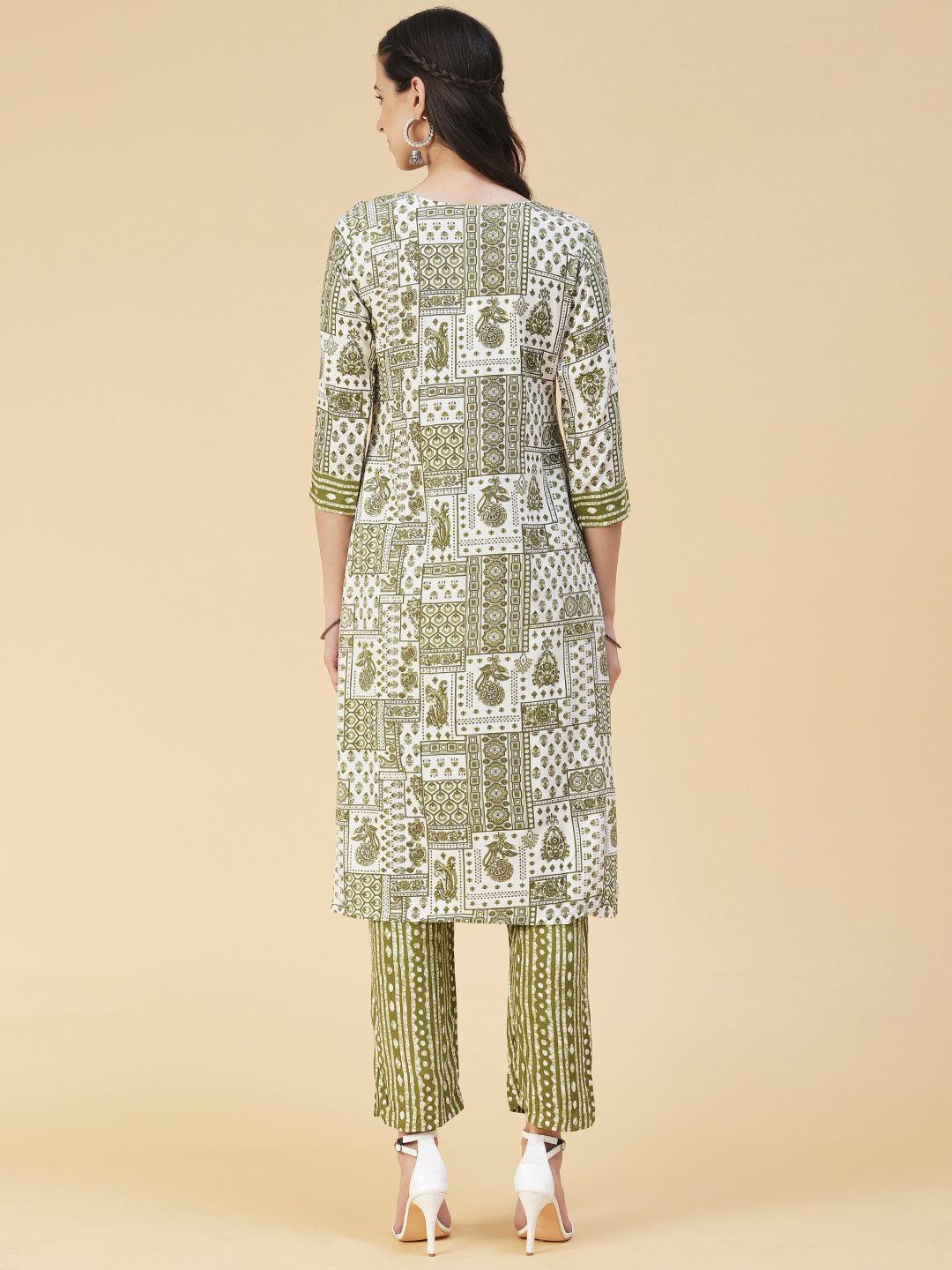 Ethnic Printed & Hand Embroidered Straight Kurta with Pant - Green - Indiakreations