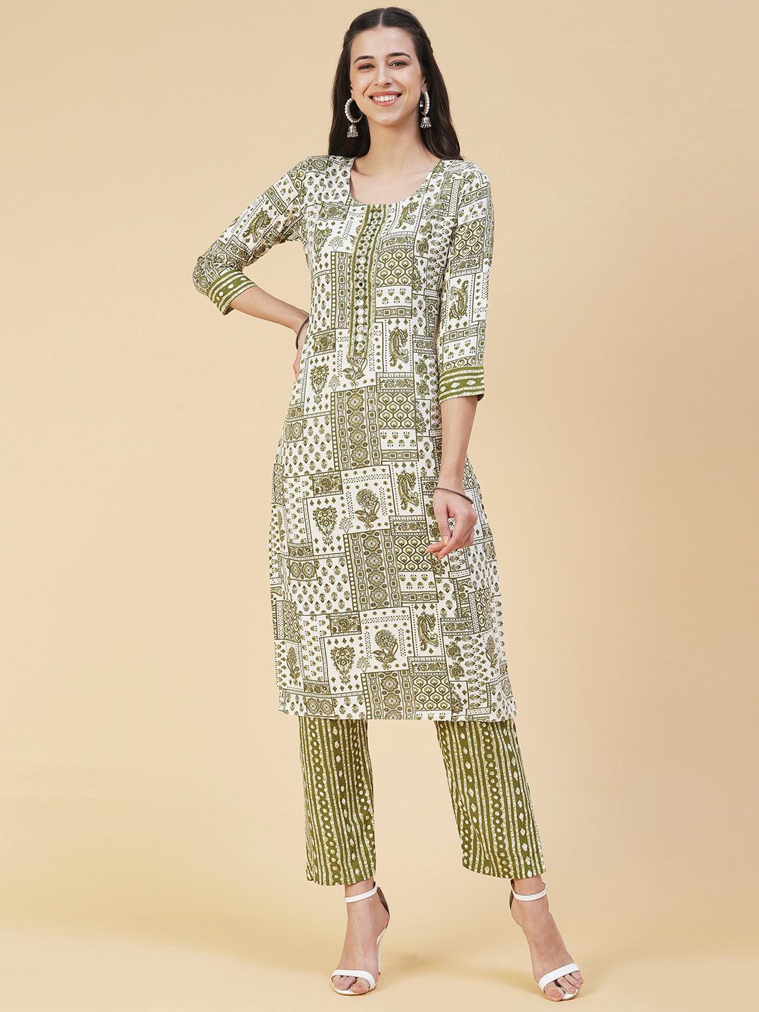 Ethnic Printed & Hand Embroidered Straight Kurta with Pant - Green - Indiakreations