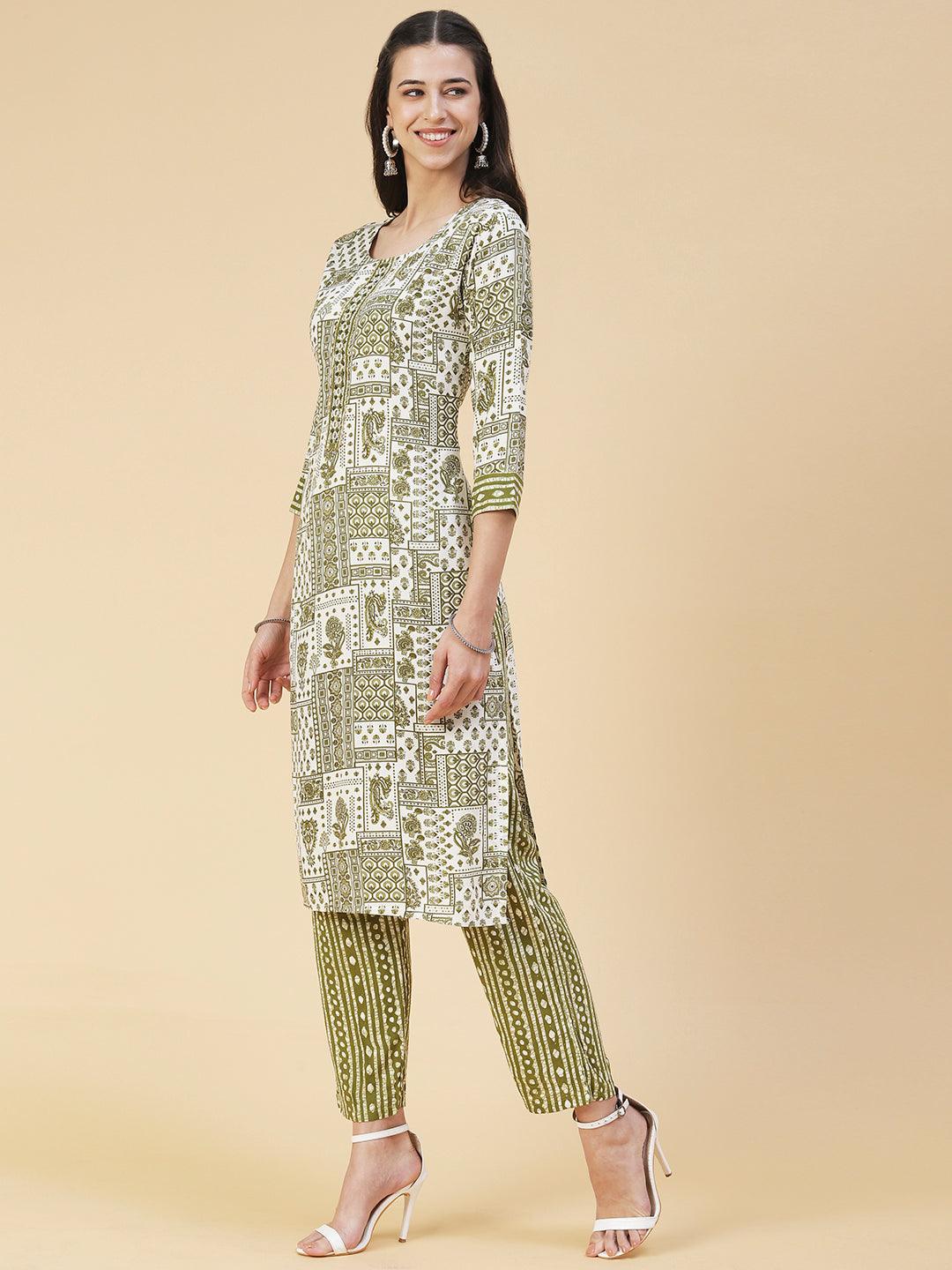 Ethnic Printed & Hand Embroidered Straight Kurta with Pant - Green - Indiakreations