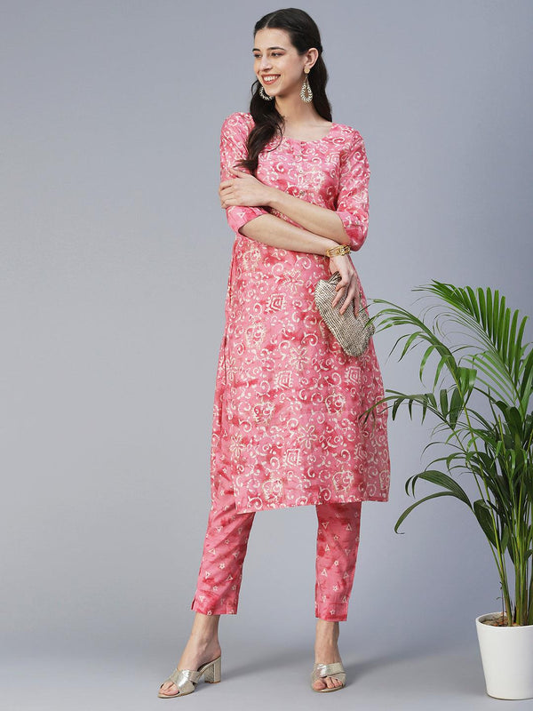 Ethnic & Floral Printed Straight Fit Kurta with Pant - Pink - Indiakreations