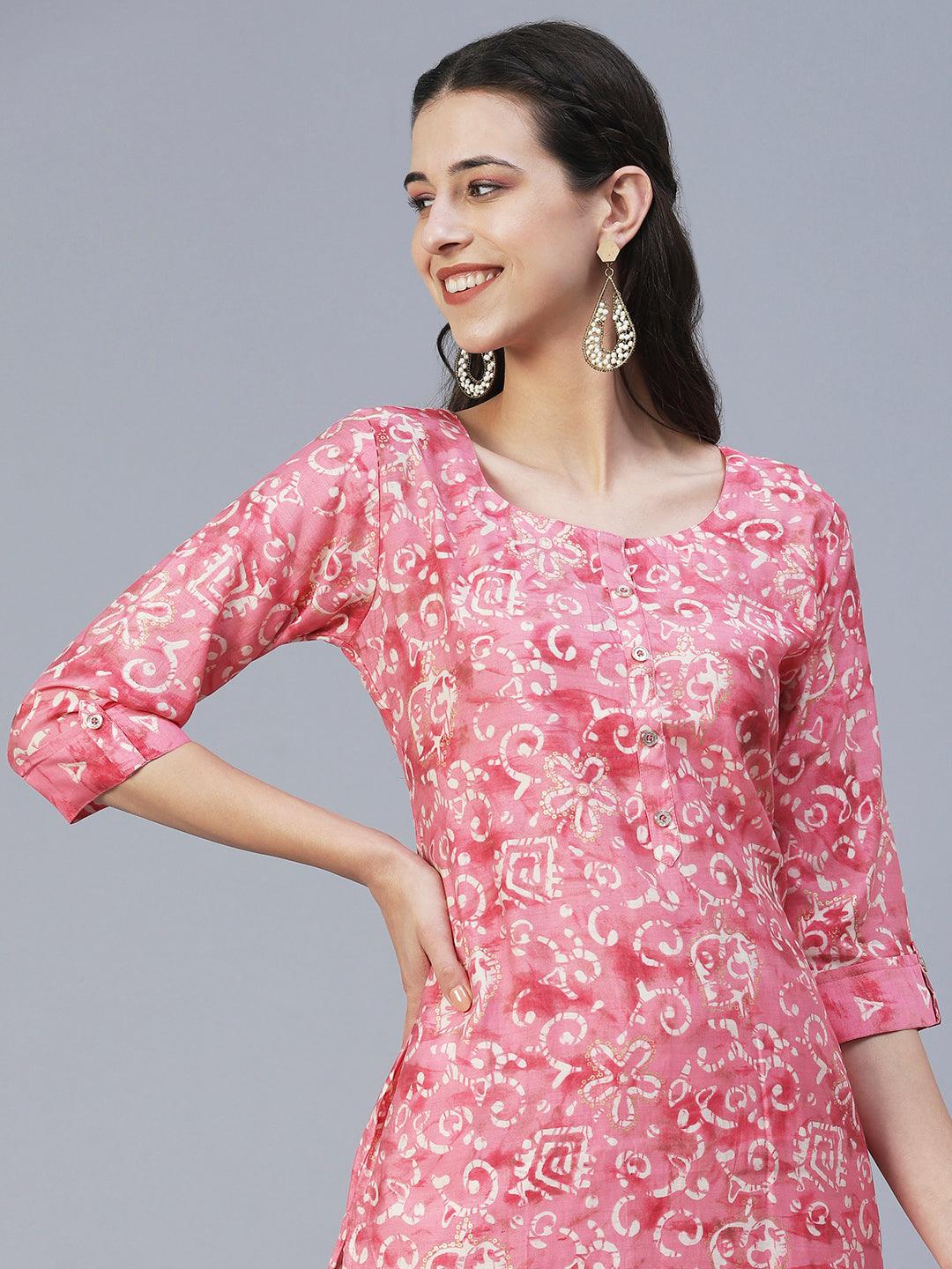 Ethnic & Floral Printed Straight Fit Kurta with Pant - Pink - Indiakreations