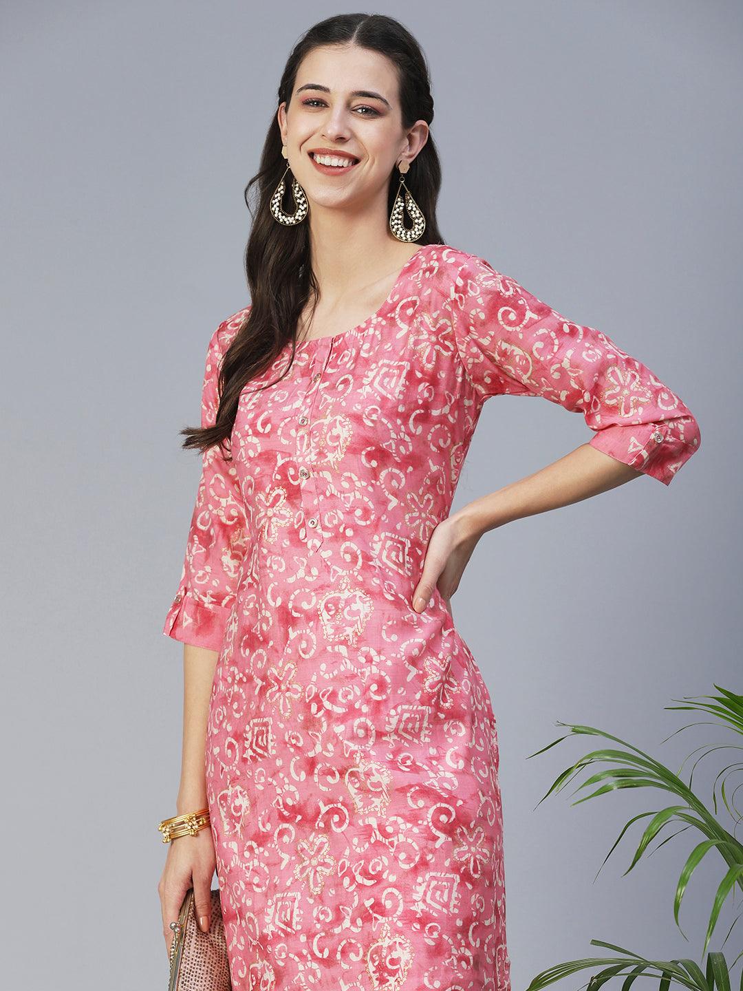 Ethnic & Floral Printed Straight Fit Kurta with Pant - Pink - Indiakreations