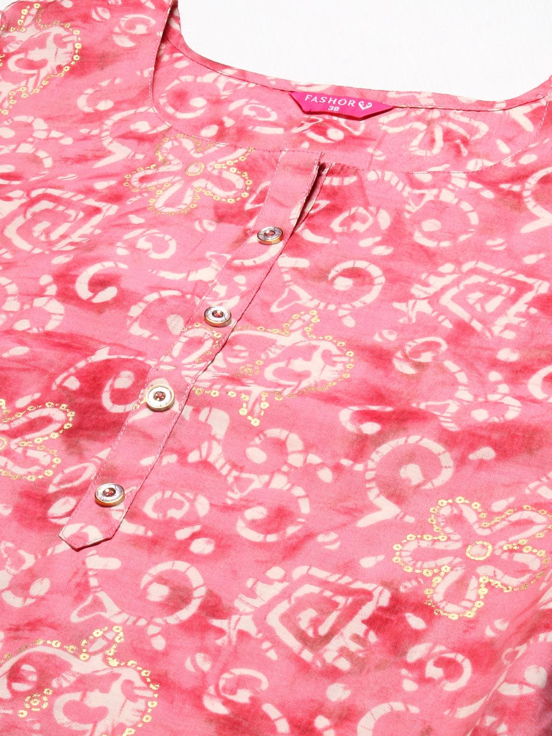 Ethnic & Floral Printed Straight Fit Kurta with Pant - Pink - Indiakreations