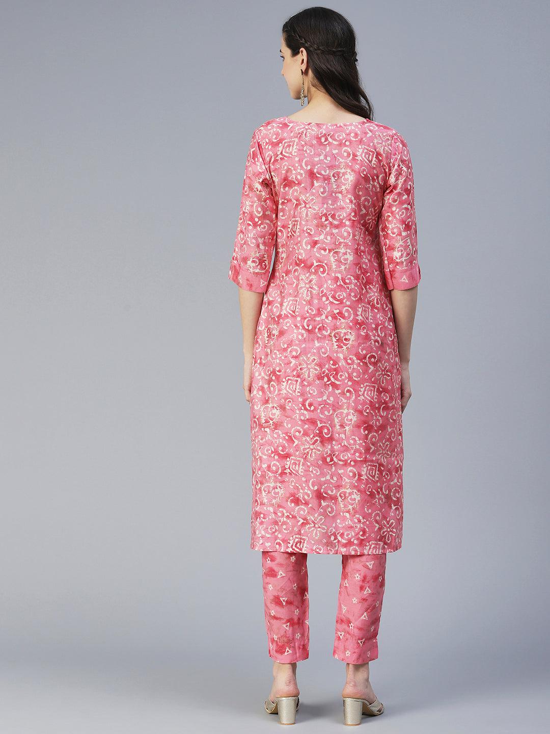 Ethnic & Floral Printed Straight Fit Kurta with Pant - Pink - Indiakreations