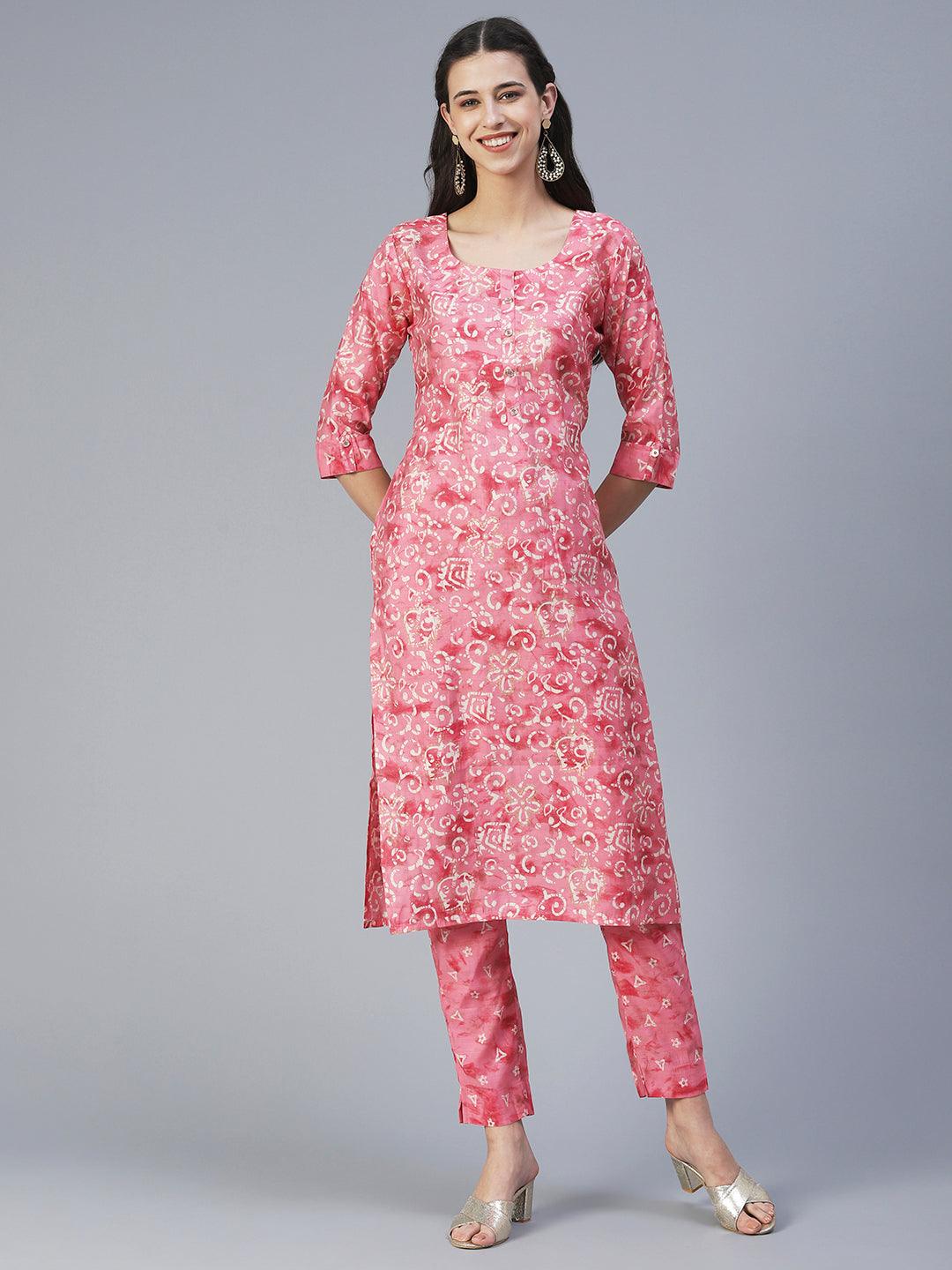 Ethnic & Floral Printed Straight Fit Kurta with Pant - Pink - Indiakreations