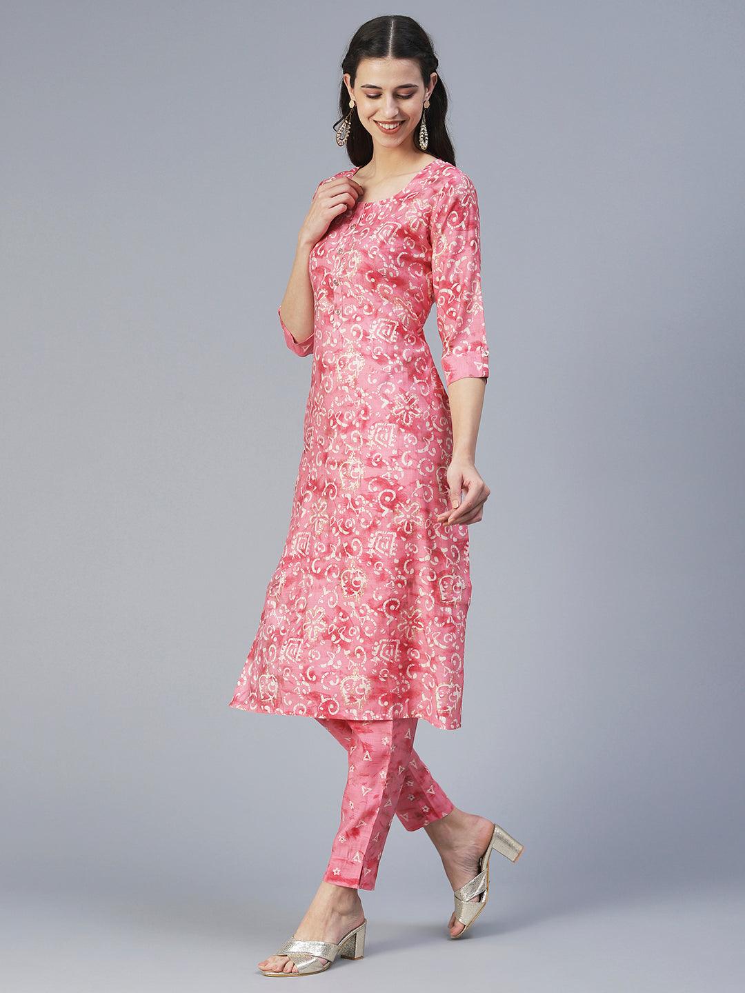 Ethnic & Floral Printed Straight Fit Kurta with Pant - Pink - Indiakreations