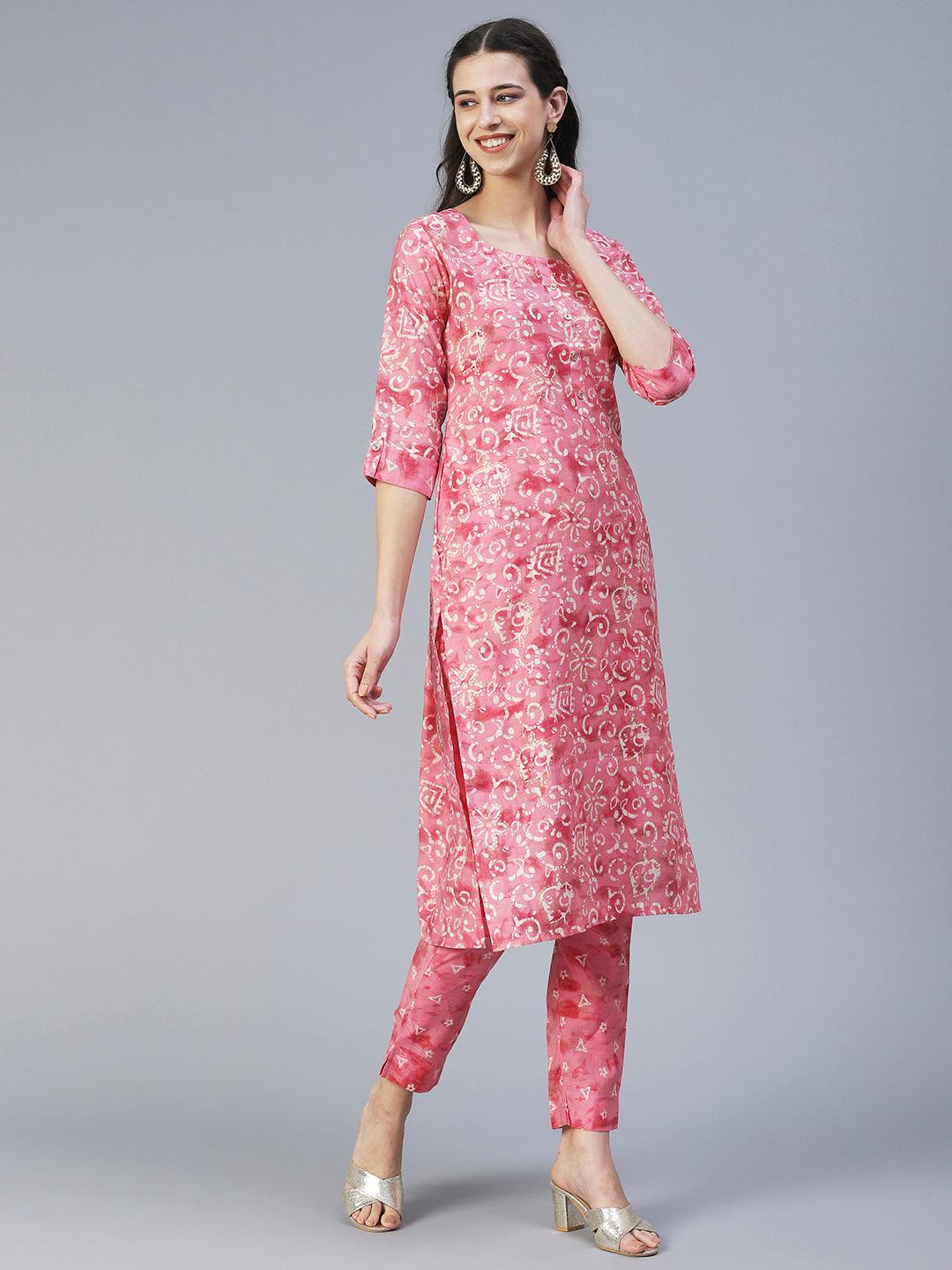 Ethnic & Floral Printed Straight Fit Kurta with Pant - Pink - Indiakreations