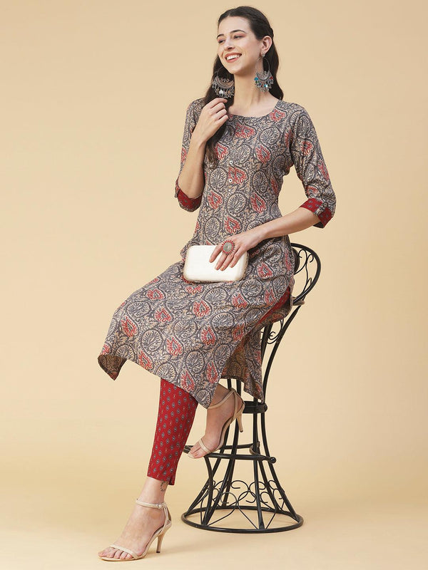 Ethnic Printed Straight Kurta with Pant - Multi - Indiakreations