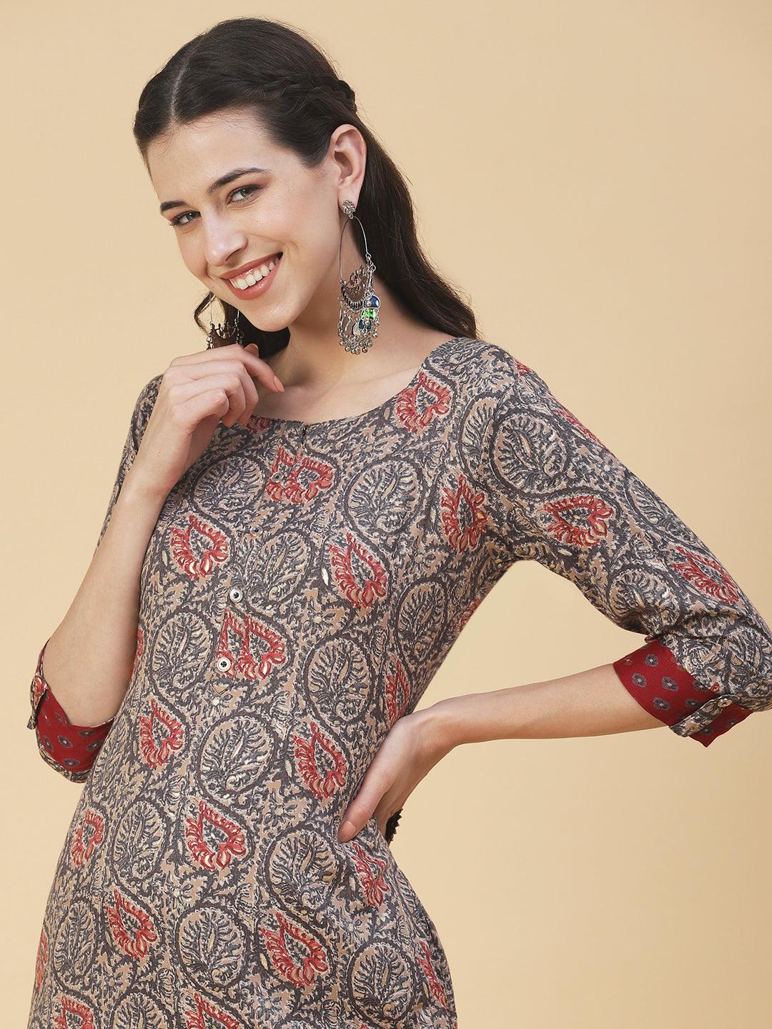 Ethnic Printed Straight Kurta with Pant - Multi - Indiakreations