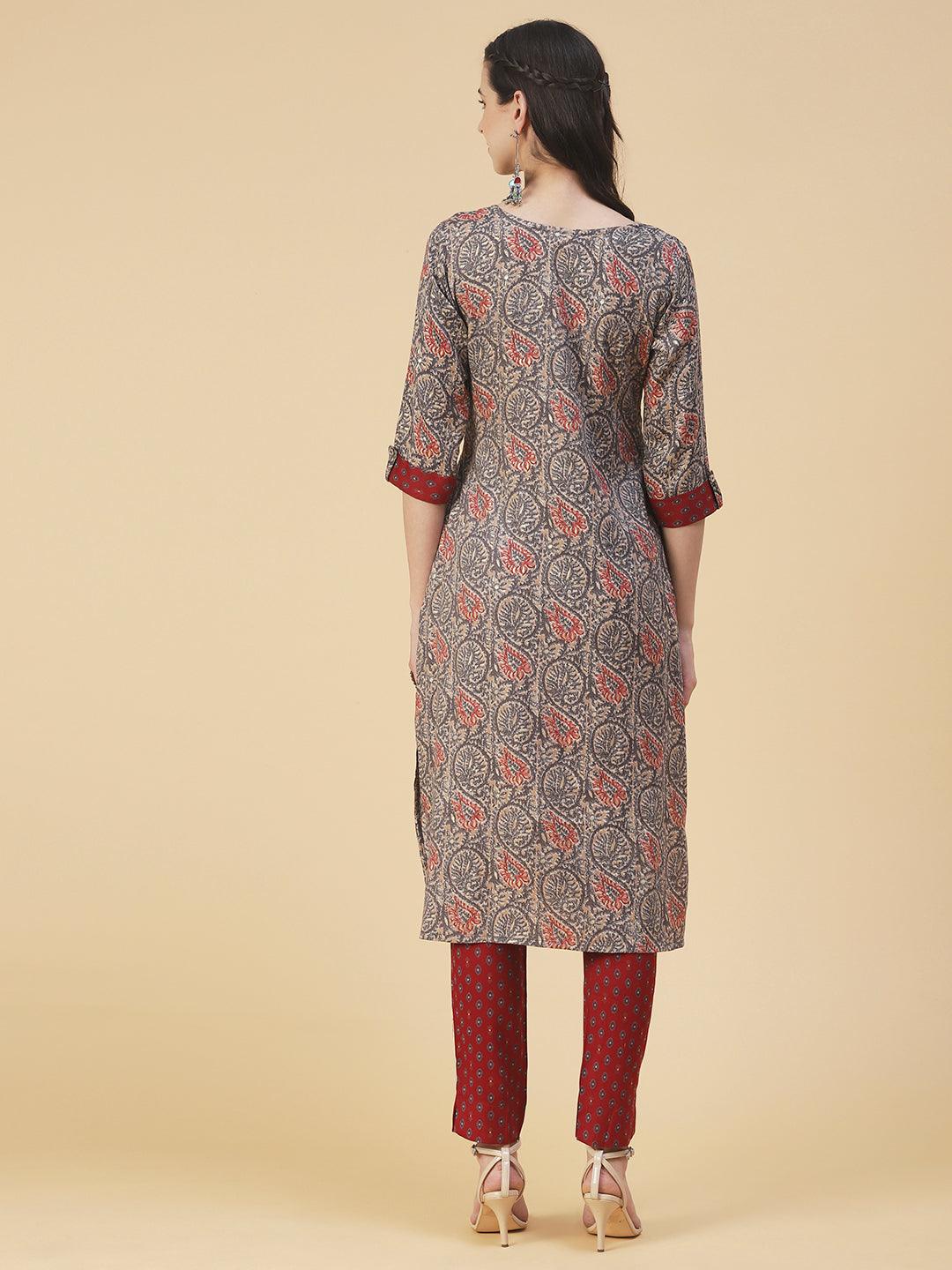 Ethnic Printed Straight Kurta with Pant - Multi - Indiakreations