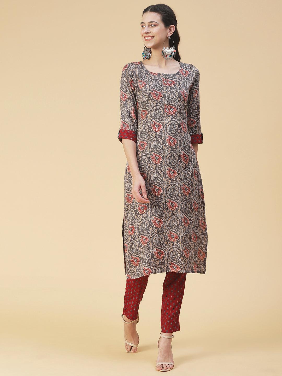 Ethnic Printed Straight Kurta with Pant - Multi - Indiakreations