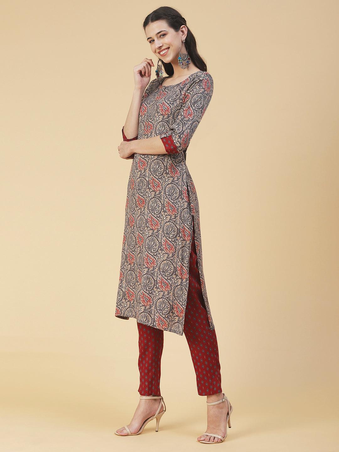 Ethnic Printed Straight Kurta with Pant - Multi - Indiakreations