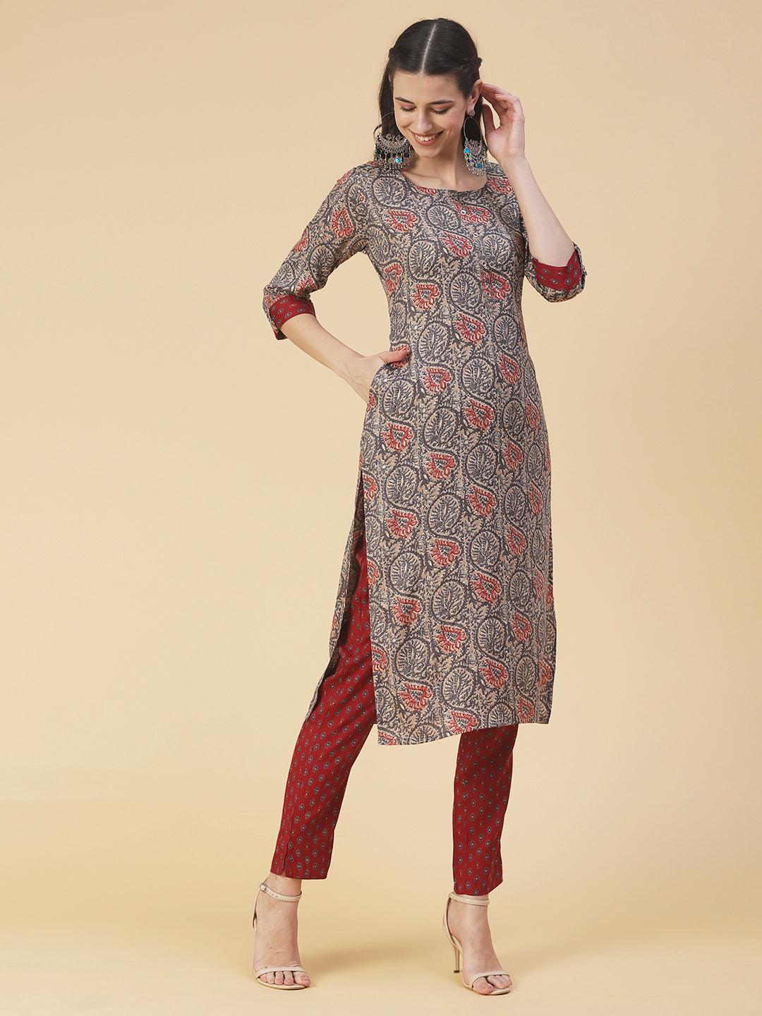 Ethnic Printed Straight Kurta with Pant - Multi - Indiakreations