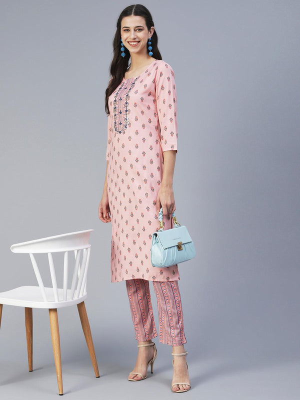 Ethnic Printed & Embroidered Straight Kurta with Pant - Pink - Indiakreations