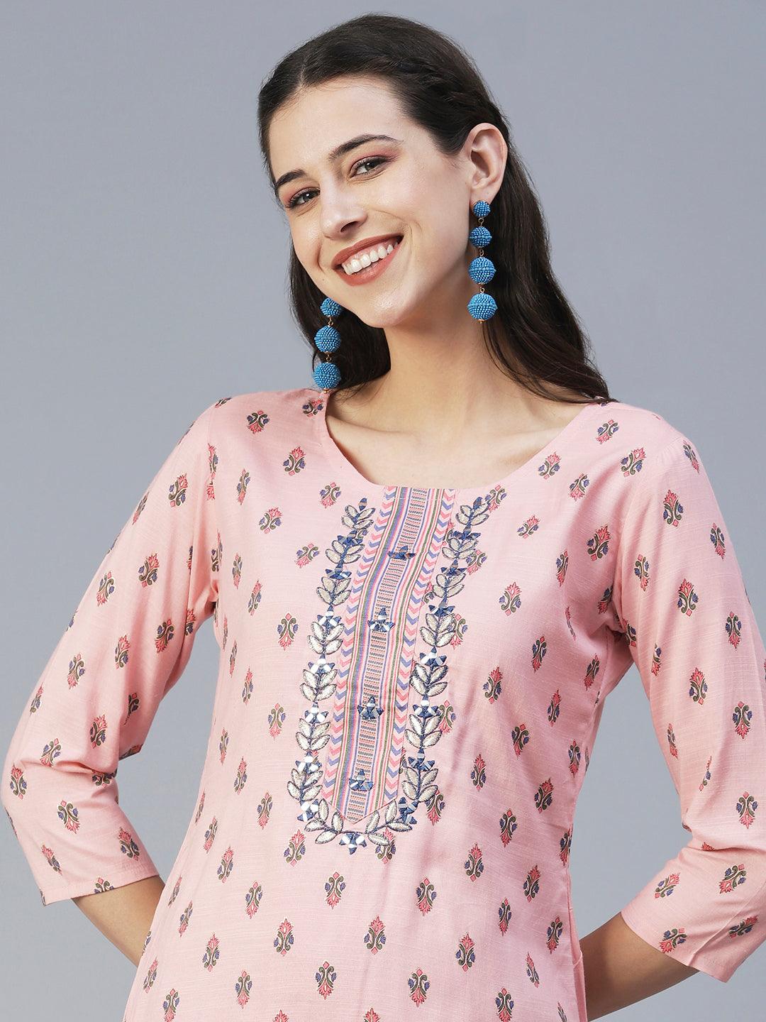 Ethnic Printed & Embroidered Straight Kurta with Pant - Pink - Indiakreations