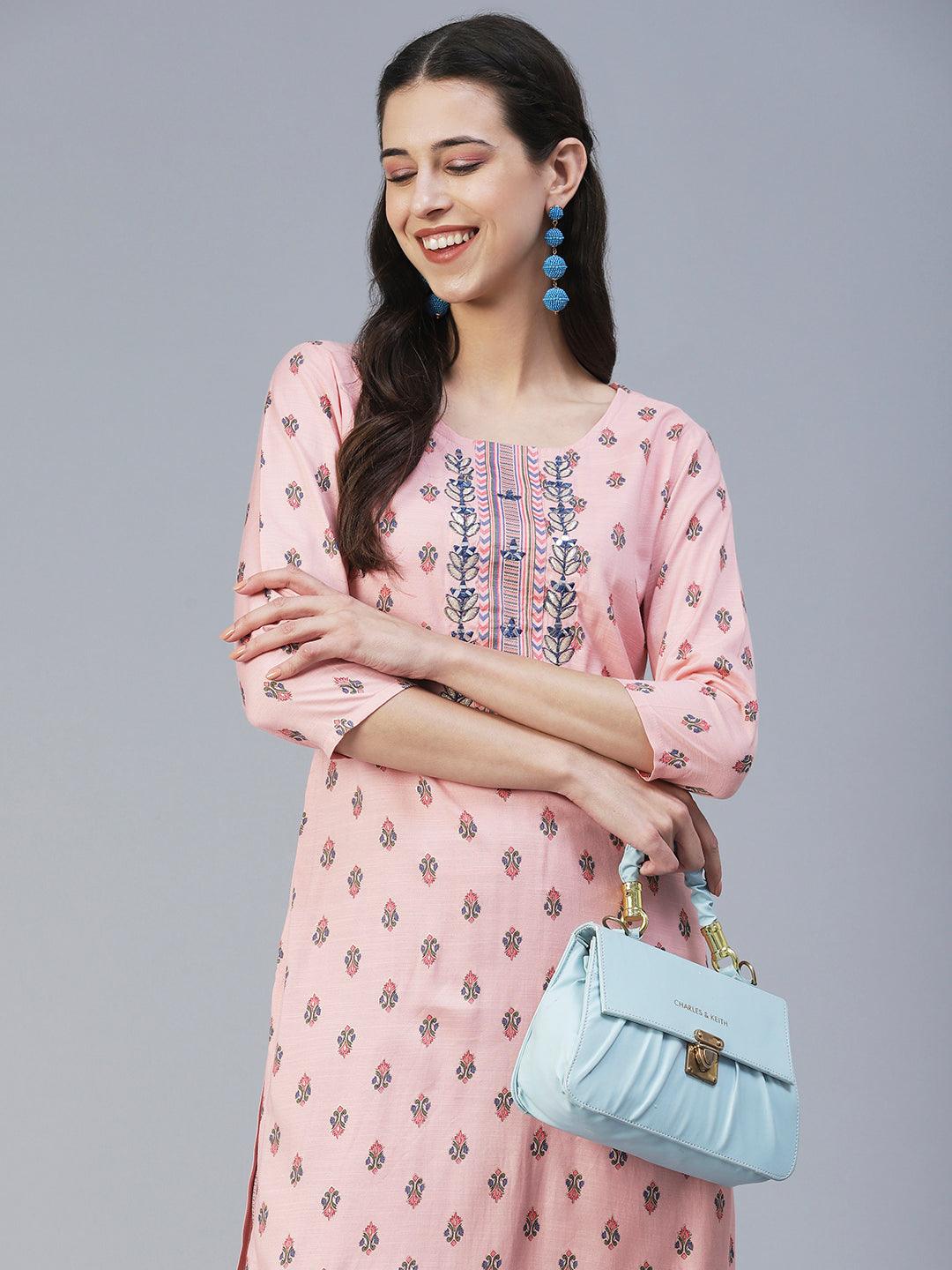 Ethnic Printed & Embroidered Straight Kurta with Pant - Pink - Indiakreations