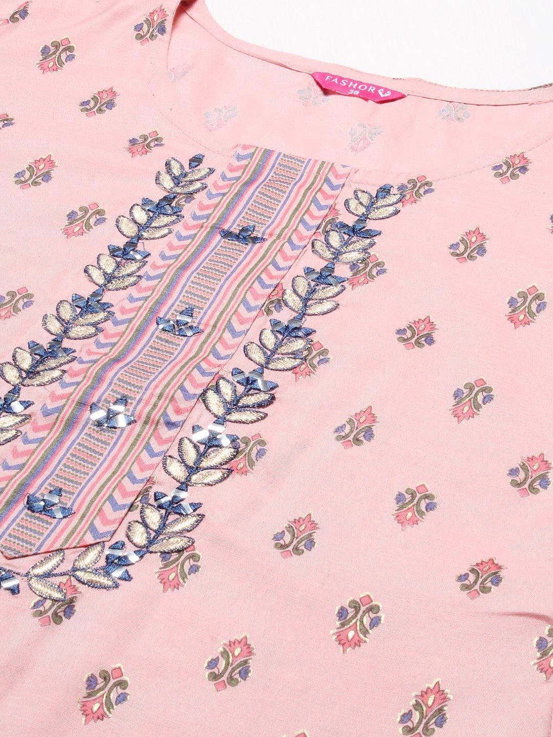 Ethnic Printed & Embroidered Straight Kurta with Pant - Pink - Indiakreations