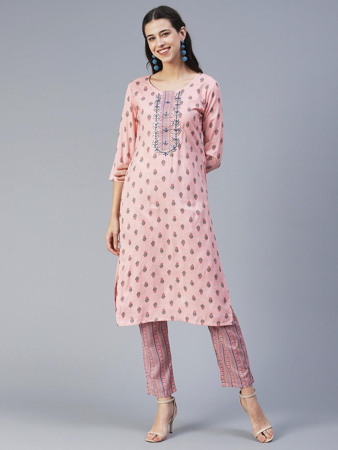 Ethnic Printed & Embroidered Straight Kurta with Pant - Pink - Indiakreations