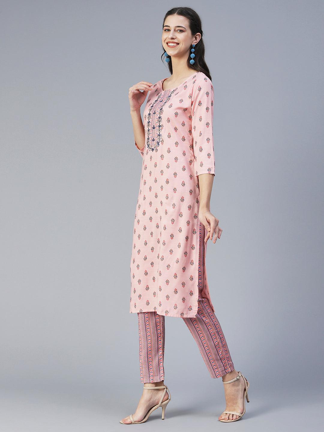 Ethnic Printed & Embroidered Straight Kurta with Pant - Pink - Indiakreations